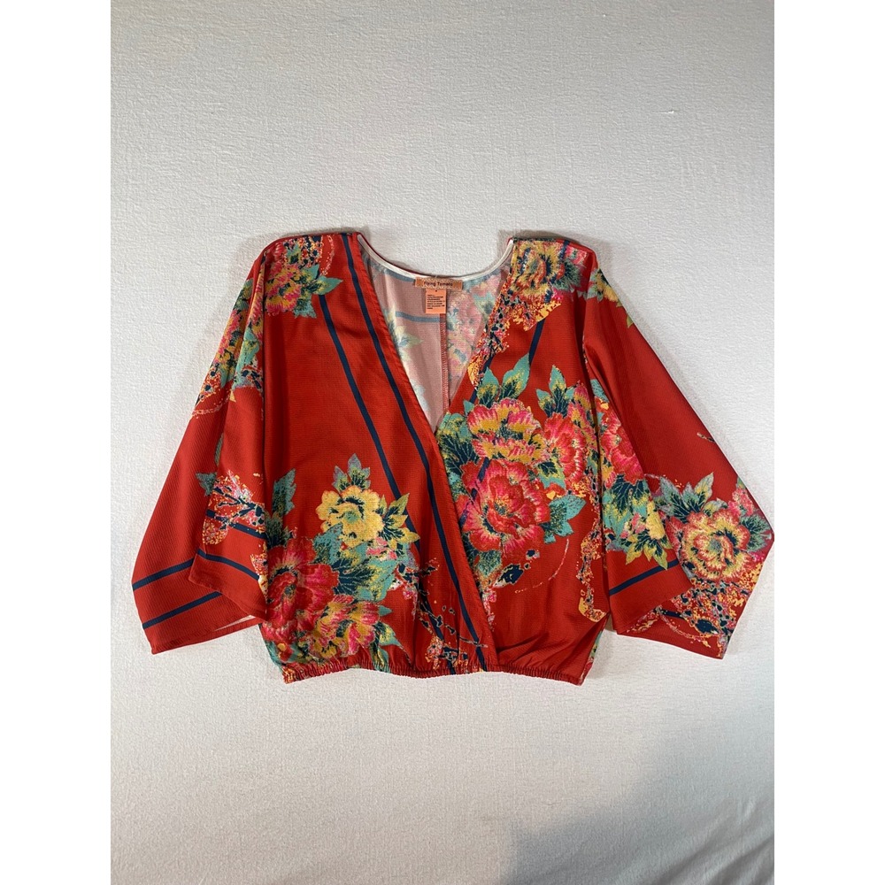 Flying Tomato Womens Orange Floral Stripe Surplice Kimono Sleeve Blouse Small